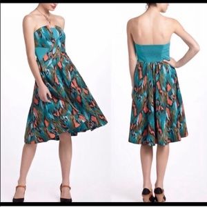 Anthropologie strapless dress teal and orange